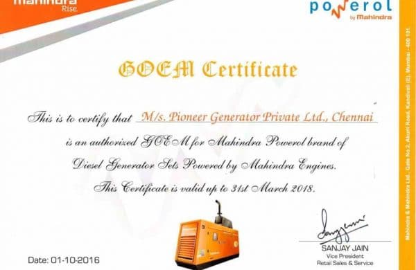 certificate Mahindra Powerol OEM